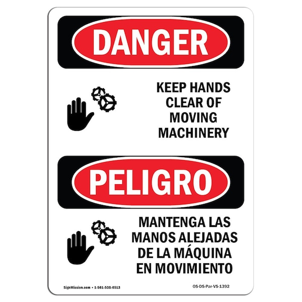 OSHA, Keep Hands Clear Moving Machinery Bilingual, 18in X 12in Rigid Plastic, 12" W, 18" H, Spanish